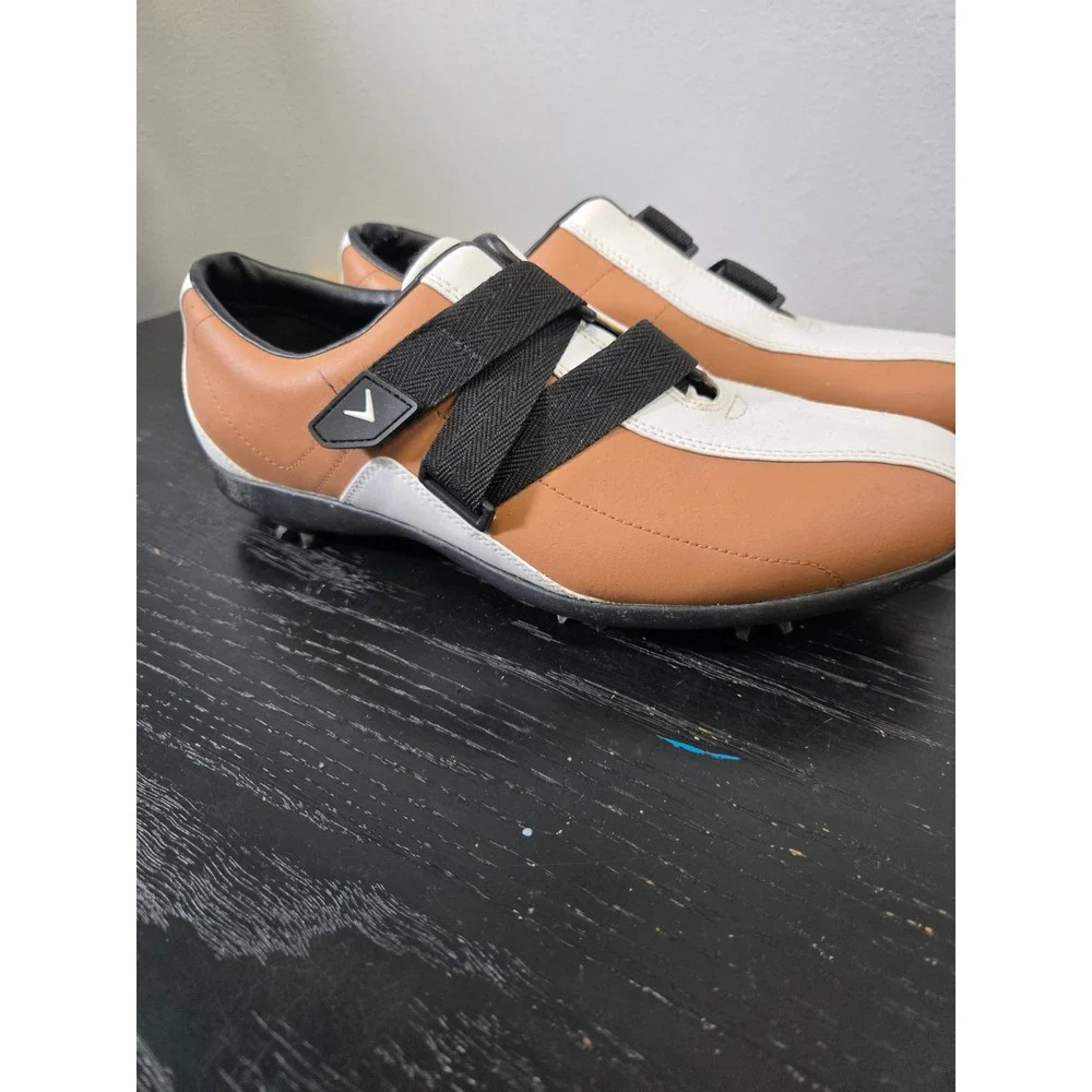 Callaway Golf Shoes Tan White Hook and Loop Athletic Spiked Sneakers Size 8.5